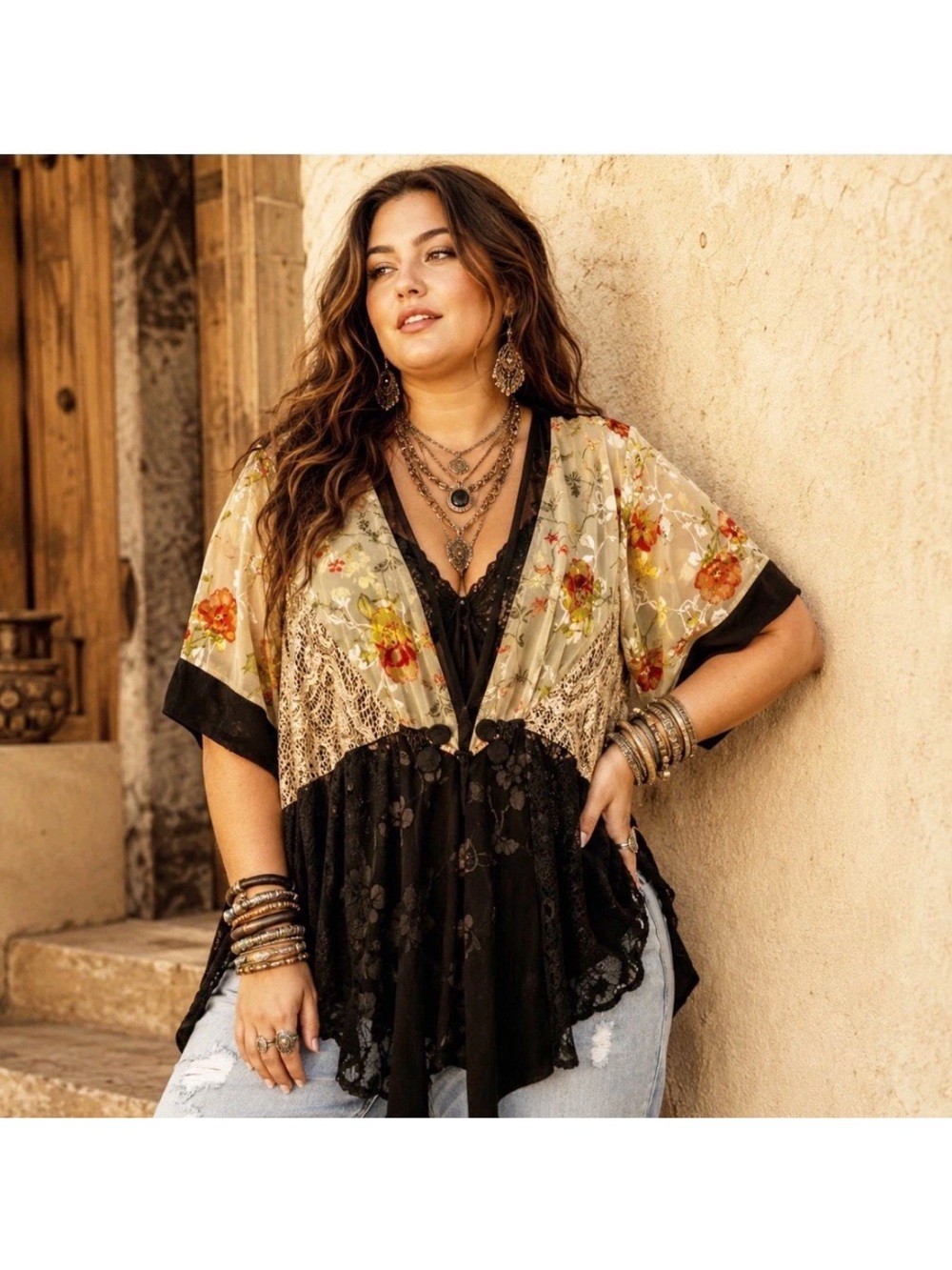 Vintage 90s Boho Patchwork Boho Kimono Jacket Cover Black Floral Satin & Lace L